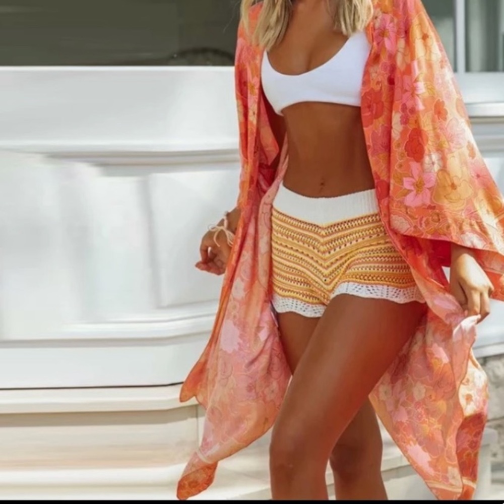 SOLD OUT Orange Boho Floral Print Short Kimono Coverup Wrap - Picture 4 of 8